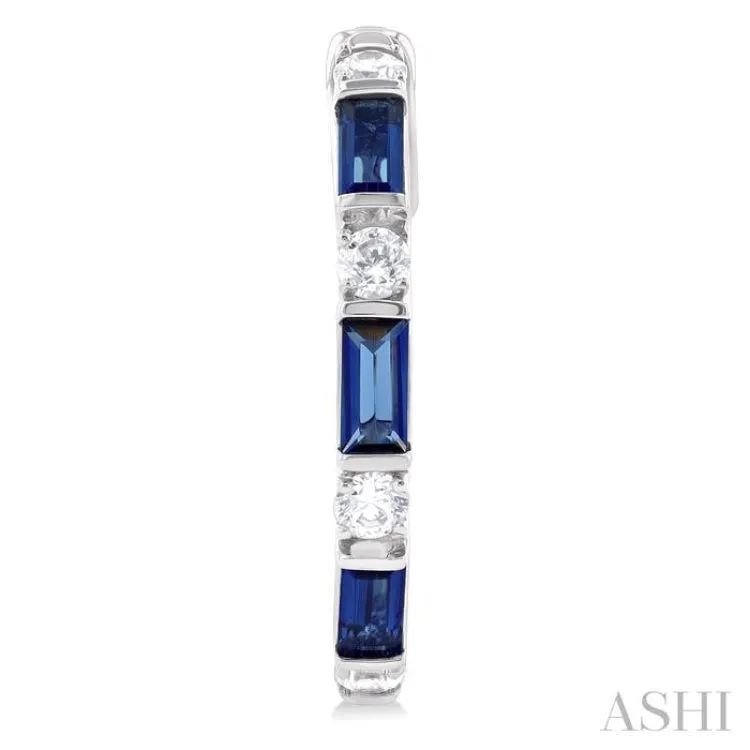 1/3 ctw Art Deco 4X2MM Baguette Cut Sapphire and Round Cut Diamond Precious Hoop Earring in 14K White Gold