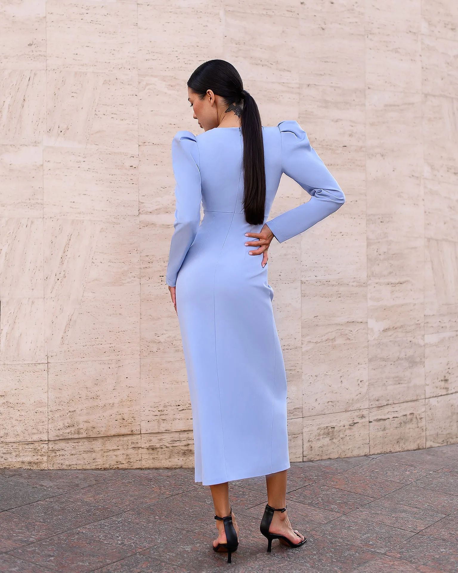 Anne Sky-Blue Puff Sleeve Midi Dress