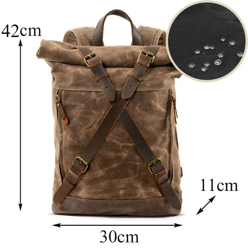 Anti-theft Oil Wax Canvas Backpack Roll Top