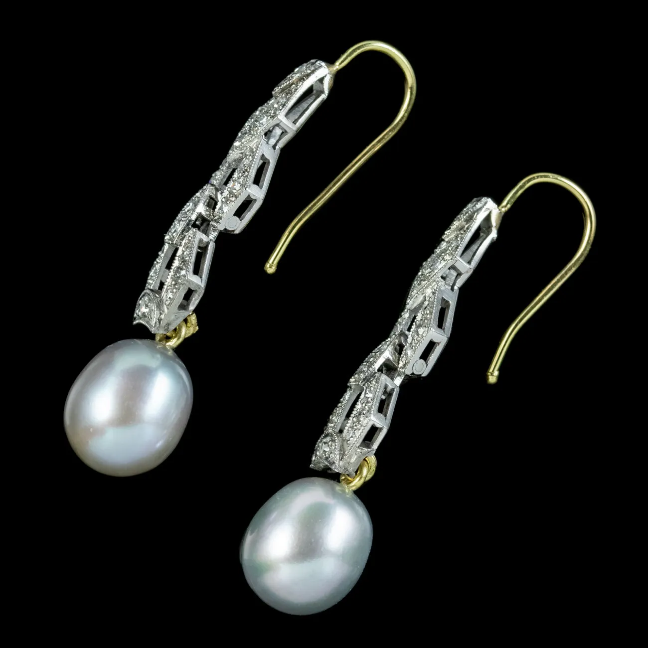 Art Deco Style Pearl Diamond Drop Earrings Platinum Gold Wires