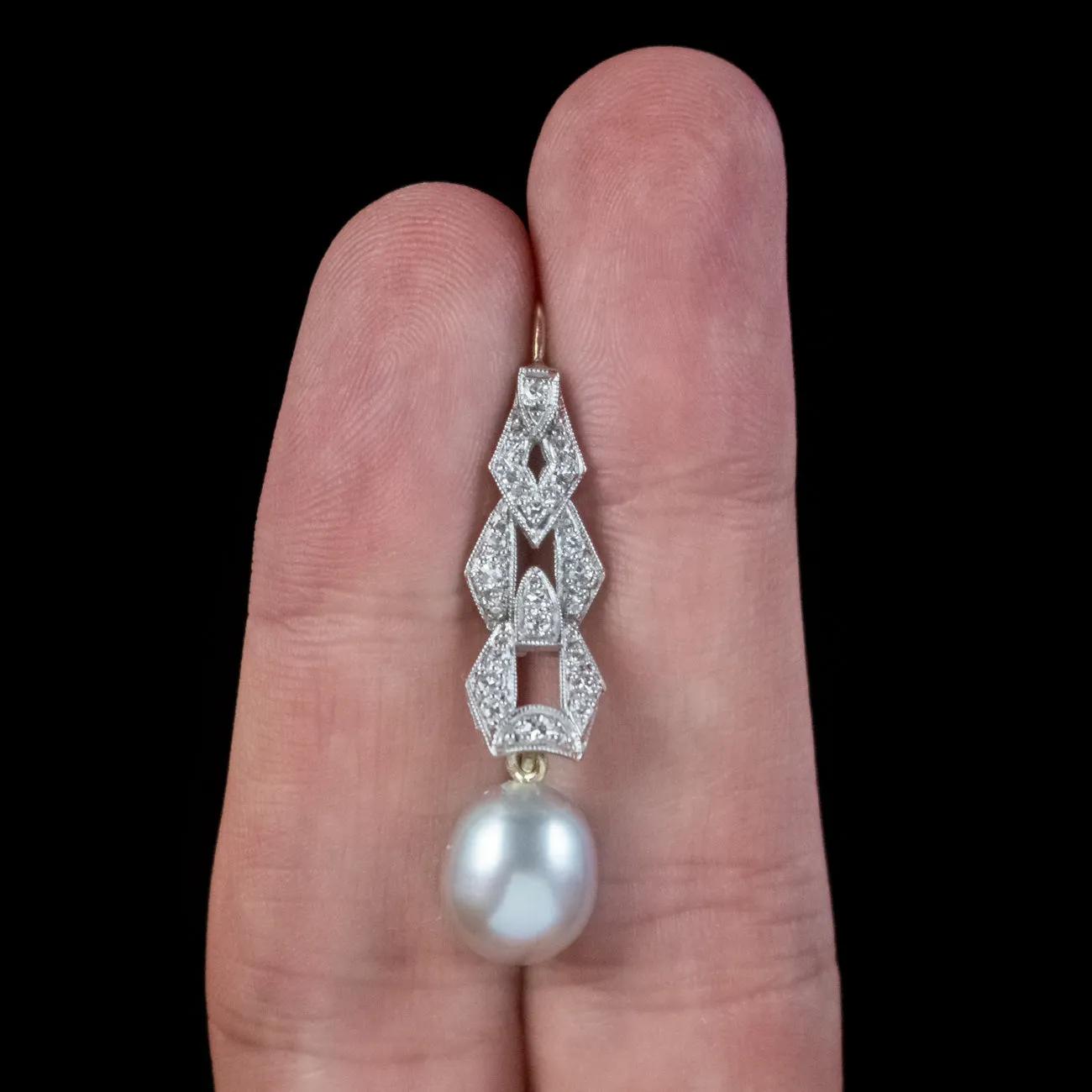 Art Deco Style Pearl Diamond Drop Earrings Platinum Gold Wires