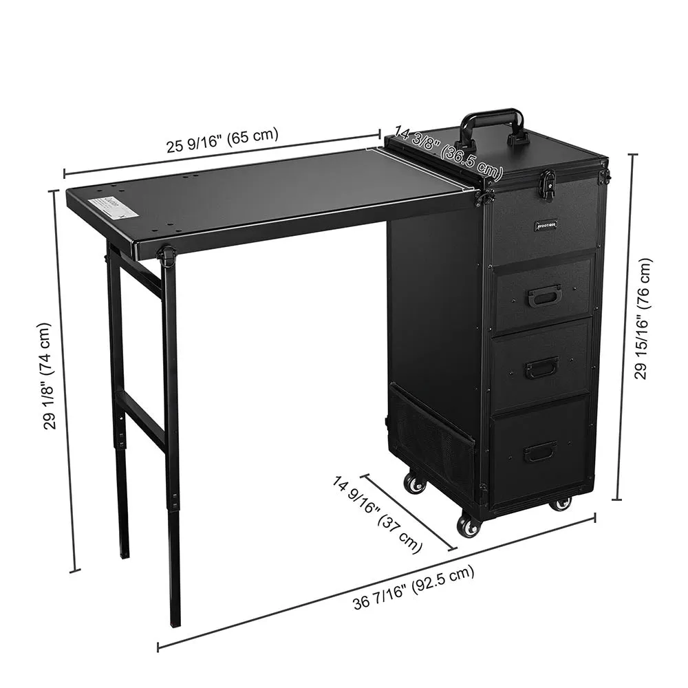 Byootique Rolling Black Manicure Table & Makeup Desk - Portable, Foldable & Secure