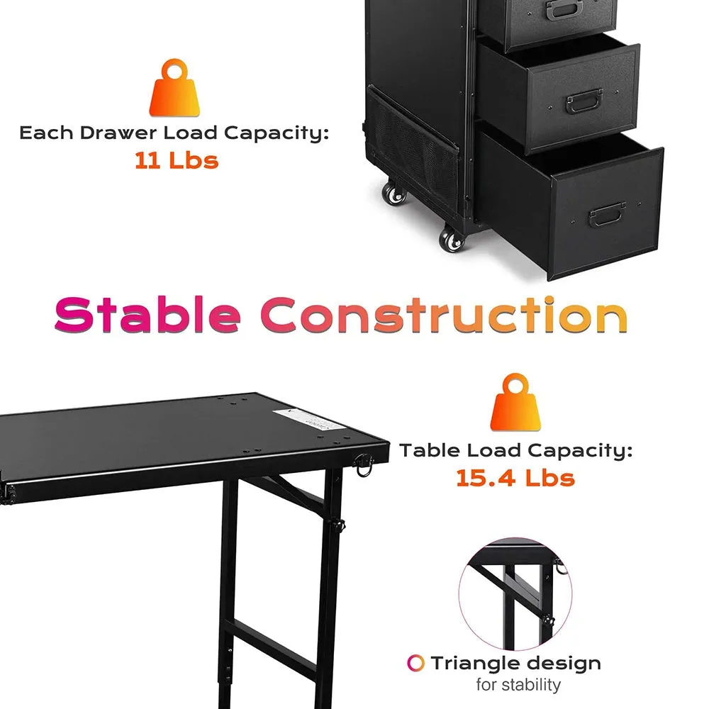 Byootique Rolling Black Manicure Table & Makeup Desk - Portable, Foldable & Secure