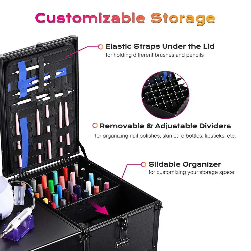 Byootique Rolling Black Manicure Table & Makeup Desk - Portable, Foldable & Secure