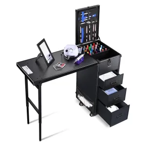 Byootique Rolling Black Manicure Table & Makeup Desk - Portable, Foldable & Secure