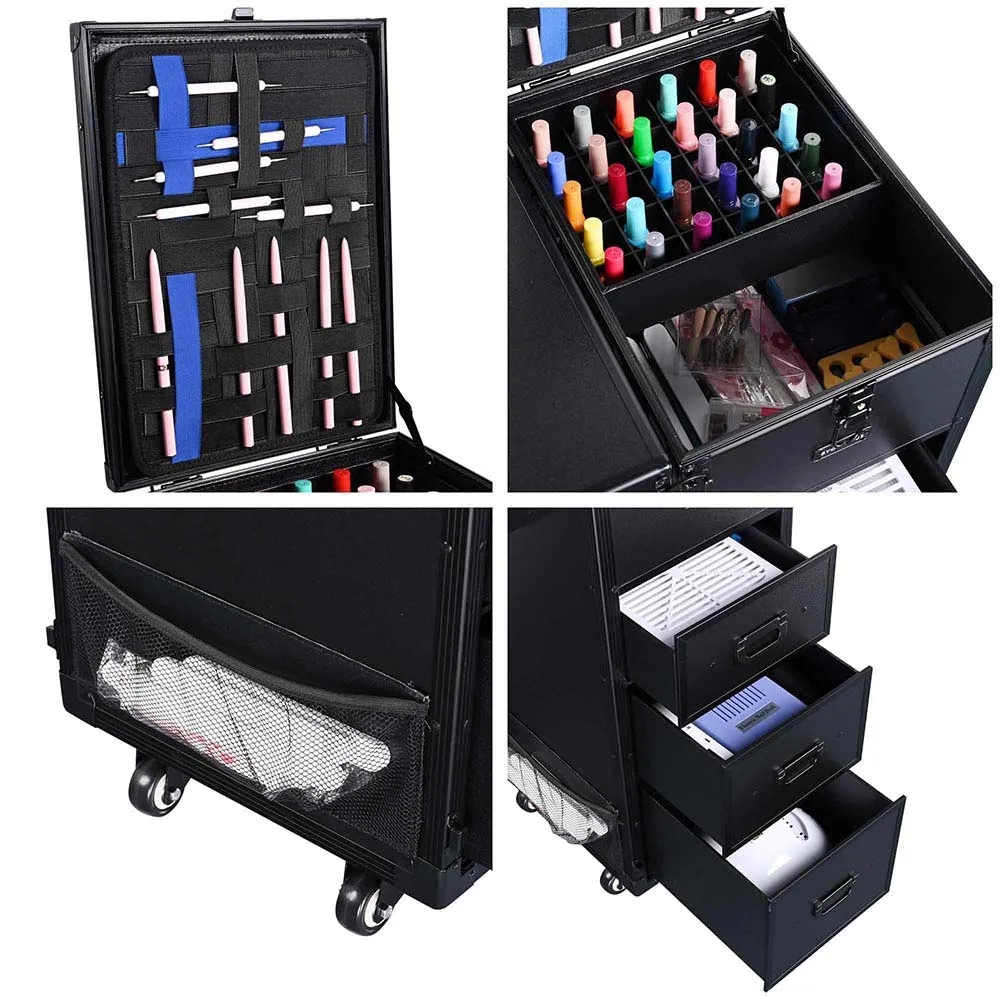 Byootique Rolling Black Manicure Table & Makeup Desk - Portable, Foldable & Secure