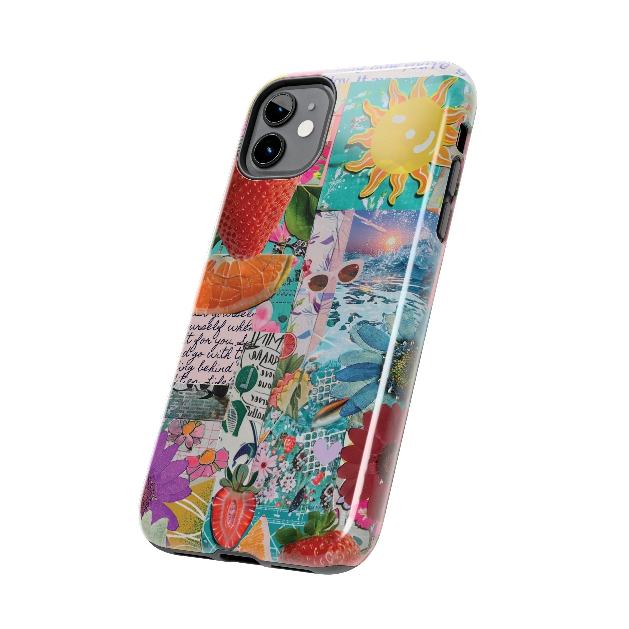 Colorful Mixed Patterns Collage iPhone Case, Strawberry and Sun Aesthetic Print, Vibrant Protective Phone Cover, Collage iPhone Case, Chic Artsy Protective Cover, Protective Case for iPhone Models, Tough iPhone Case