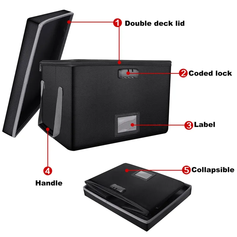 Fireproof File Lock Box with Lift-Off Lid - Collapsible Portable Document Storage Organizer