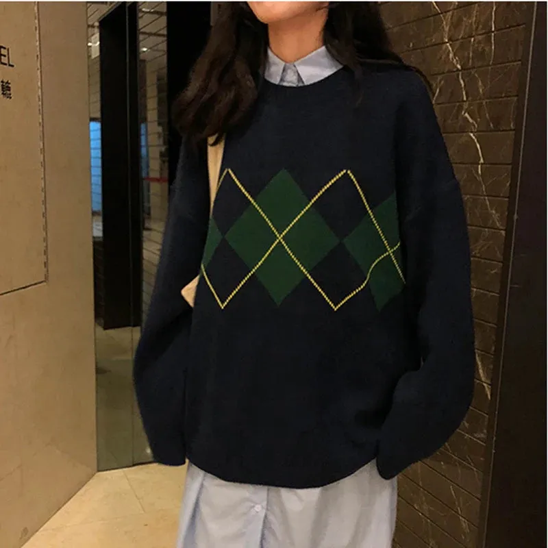 Flytonn-French Vintage Lozenge Pattern Sweater Long Sleeve O-neck Casual Pullover Women Fall Winter Loose Knitwear Jacket Streetwear