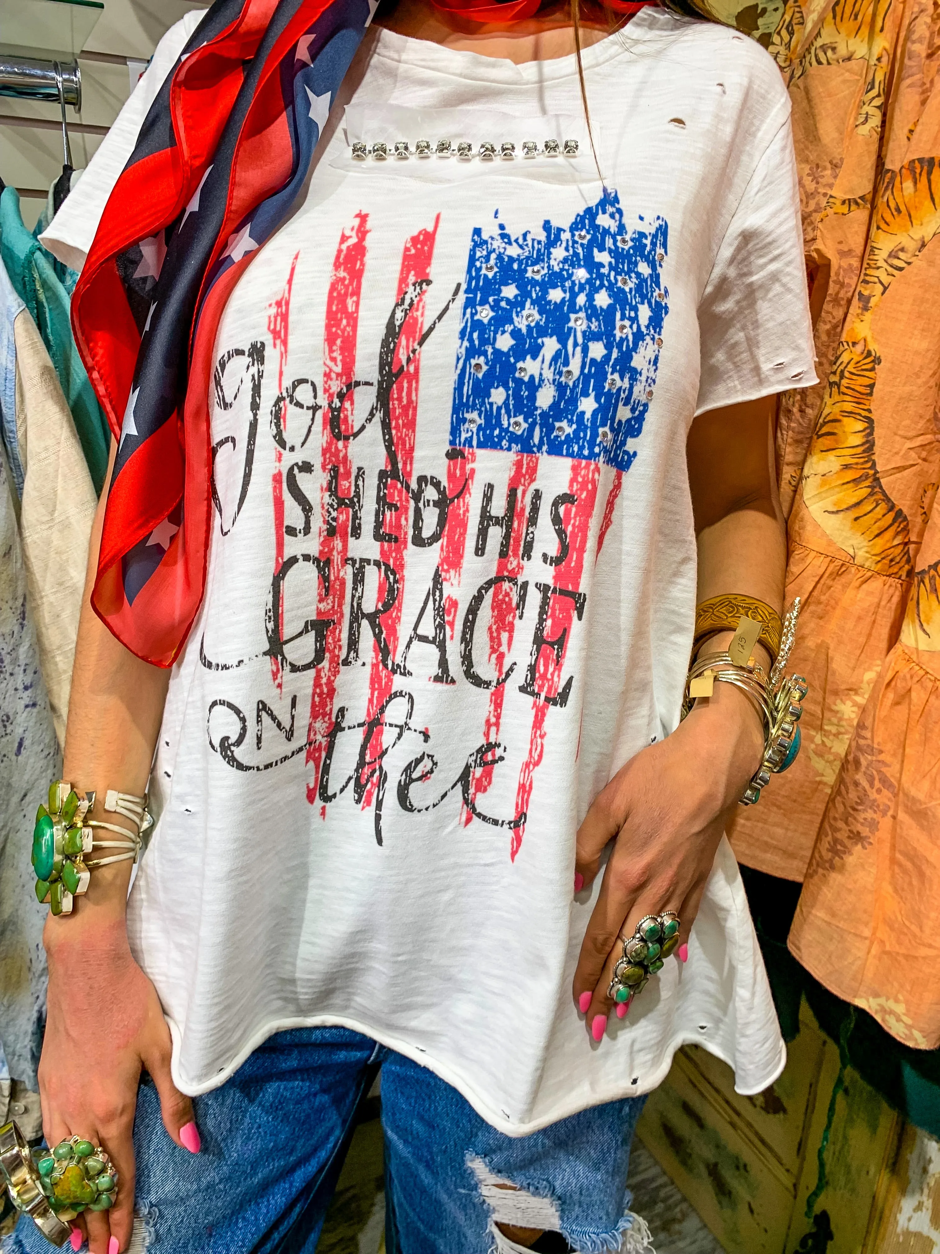 God Shed His Grace On Thee A Rare Bird Crystal Embellished Tee - White