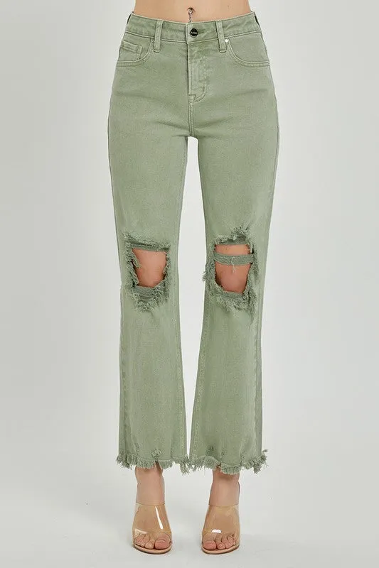 High Rise Knee Distressed Straight Pants