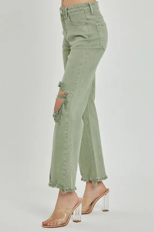 High Rise Knee Distressed Straight Pants