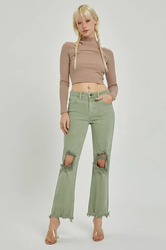 High Rise Knee Distressed Straight Pants