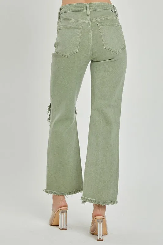 High Rise Knee Distressed Straight Pants