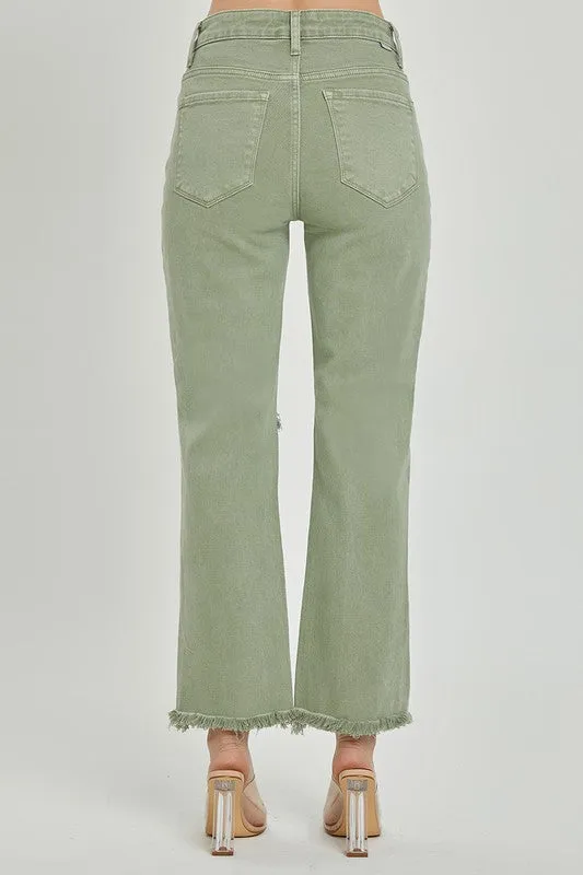 High Rise Knee Distressed Straight Pants