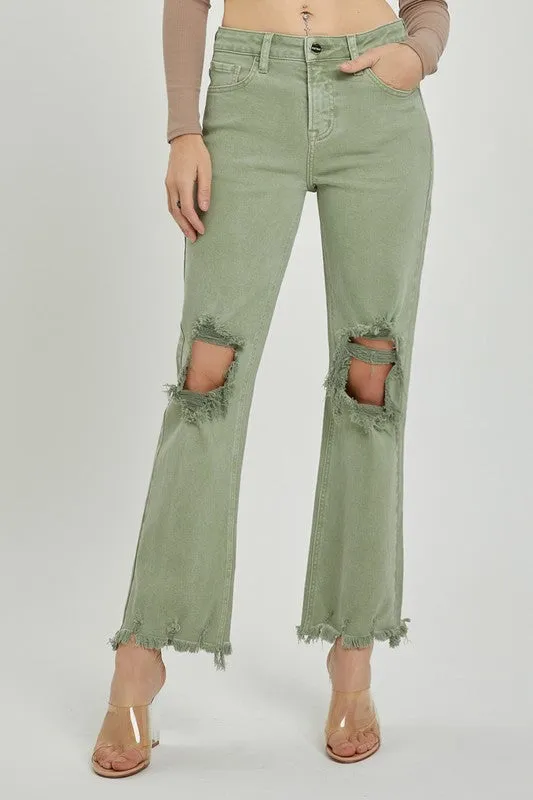 High Rise Knee Distressed Straight Pants