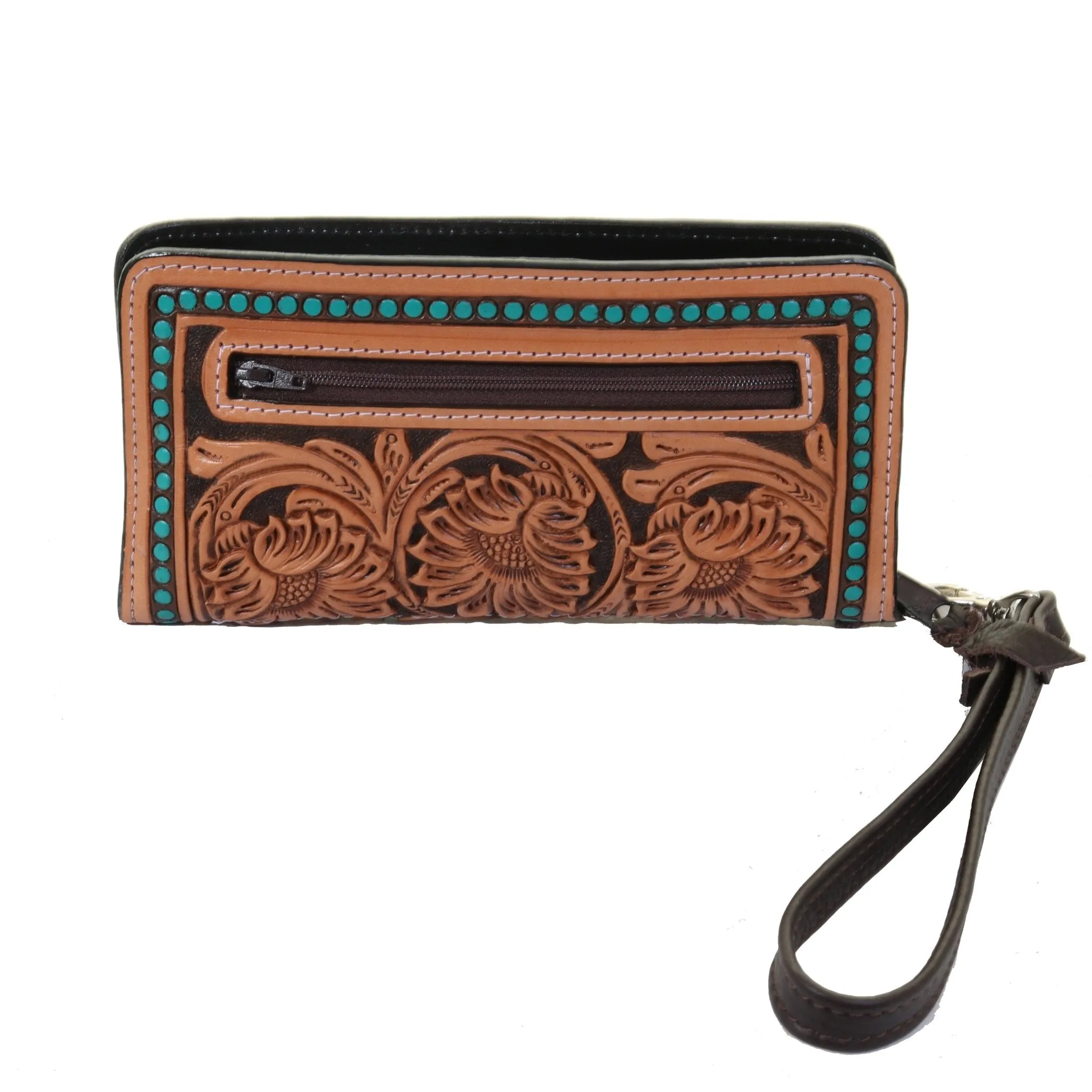 LZW53- Sunflower Tooled Natural Turquoise Tooled Zipper Wallet