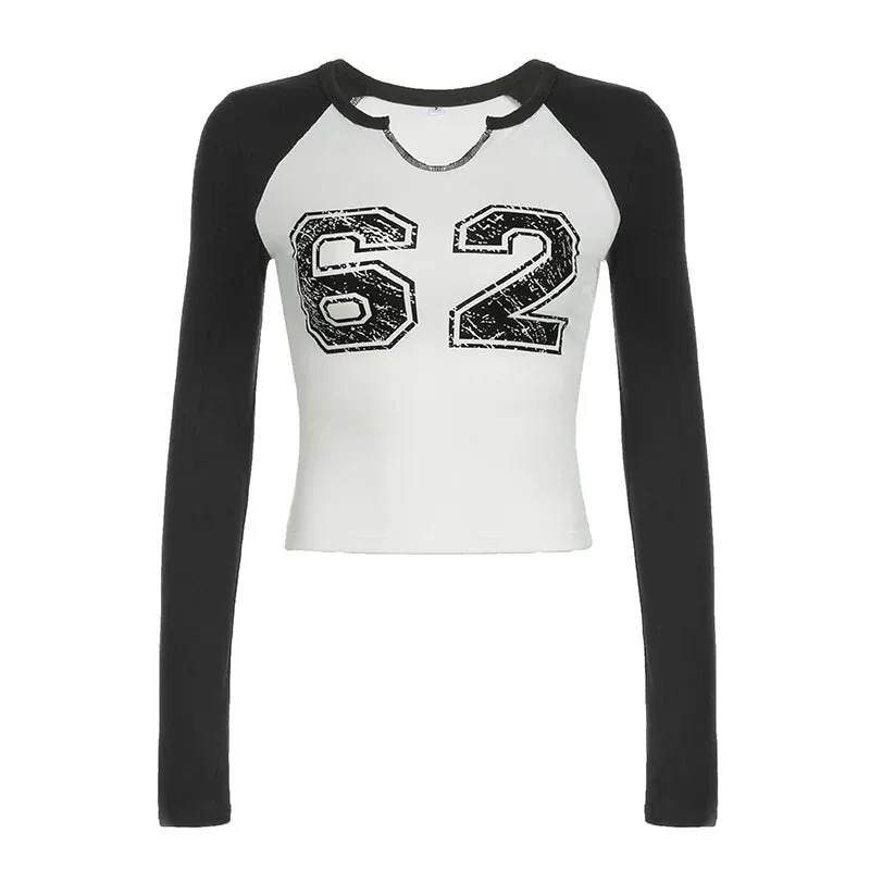 Metaversmall Harajuku Digital Printed Bodycon Crop Tops Tees Long Sleeve Korean Fall Women's T-shirts Contrast Color Preppy Style