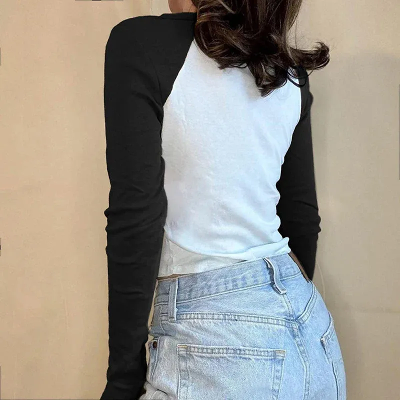 Metaversmall Harajuku Digital Printed Bodycon Crop Tops Tees Long Sleeve Korean Fall Women's T-shirts Contrast Color Preppy Style