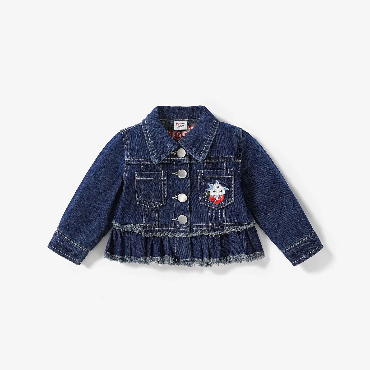 PatPat Baby Girl Childlike Fruit Embroidery  Lapel Denim Jacket