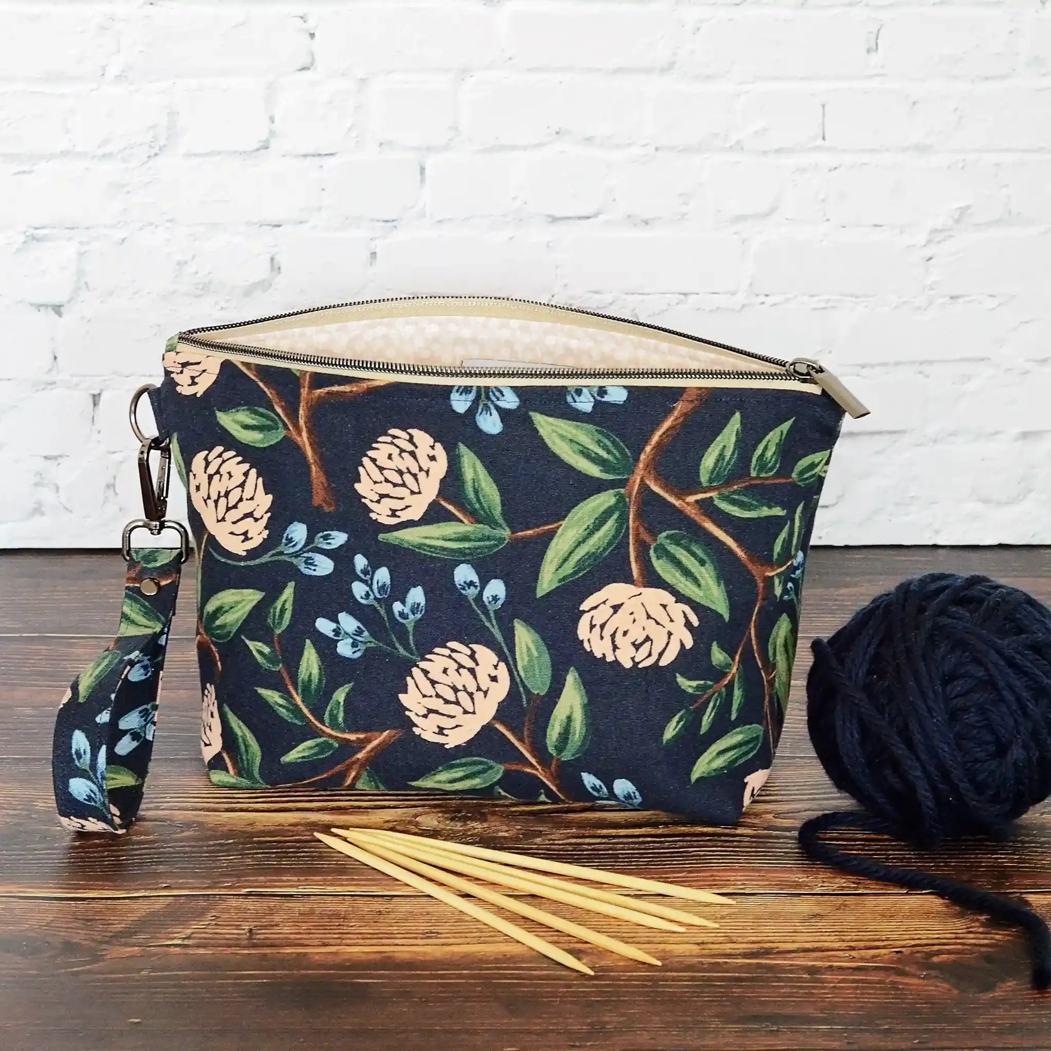 Peony Canvas Project Bag with Removable Strap