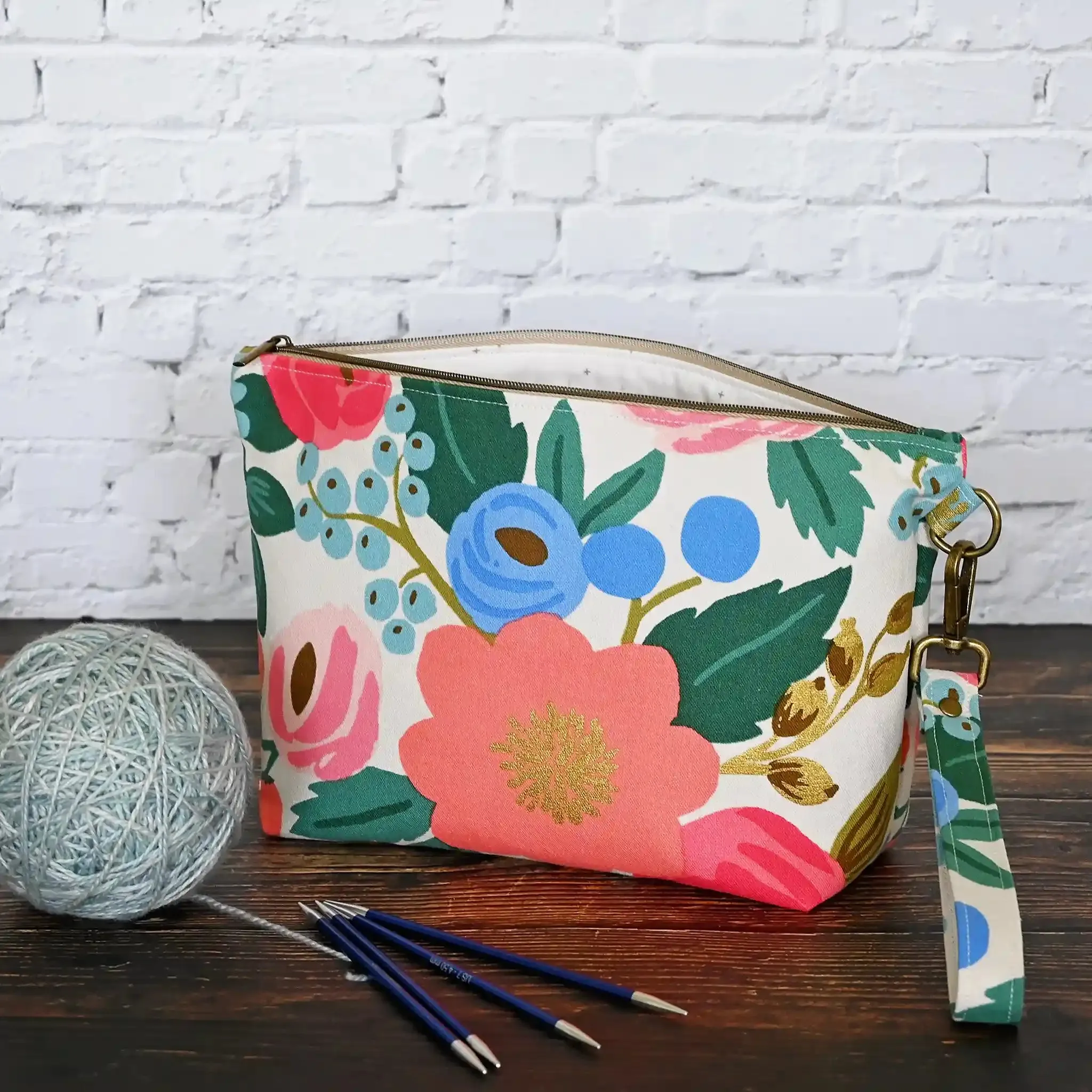Pretty Canvas Zippered Sock Project Bag in Rifle Paper Co's Antique Garden