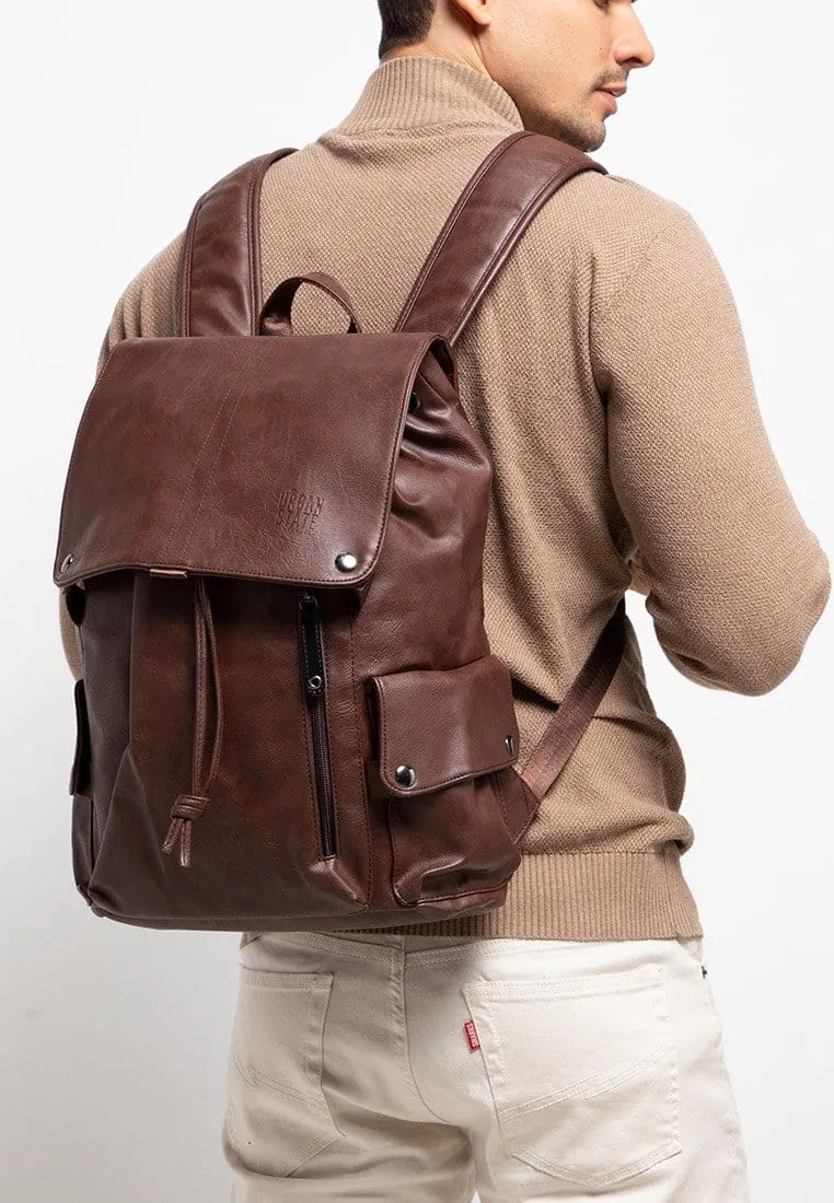 Pu Pocket Flap Large Backpack - Dark Brown