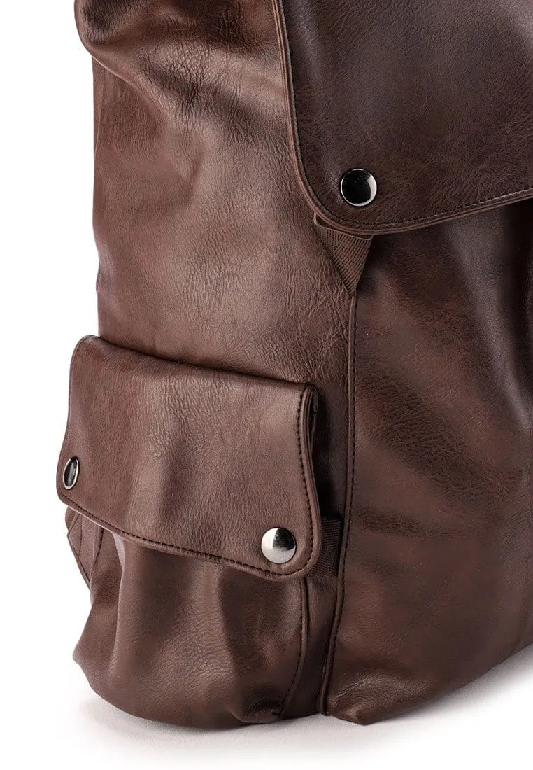 Pu Pocket Flap Large Backpack - Dark Brown