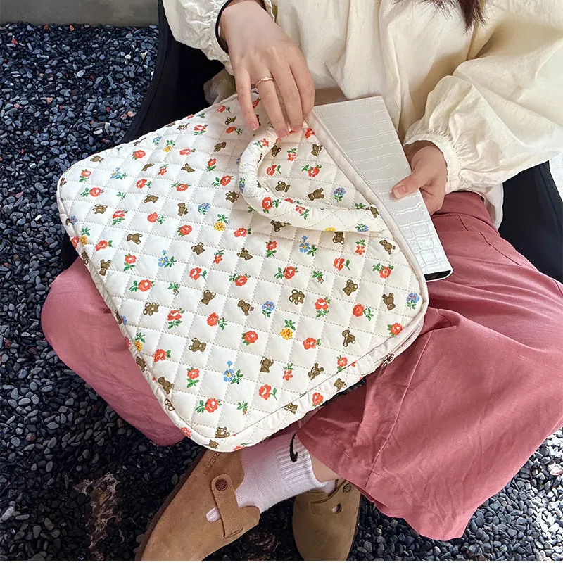 Quilted Cute Bear Red Floral iPad Bag, iPad Sleeve,Laptop Sleeve