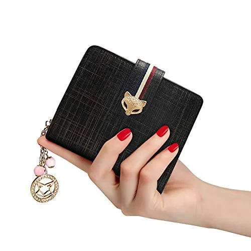Small Leather Wallets for Women, Split Cowhide Gift Box Packing Ladies Bifold Purses with Zipper Coin Pocket Women's Mini Zip Around Wallets Girls Compact Card Case Purse Credit Card Holders (Black)