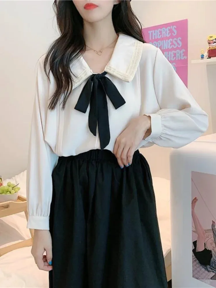 Spring School Student Kawaii Oversized Shirts Women Japanese Harajuku Chiffon Solid Soft Girls Sweet Loose Blouse Top