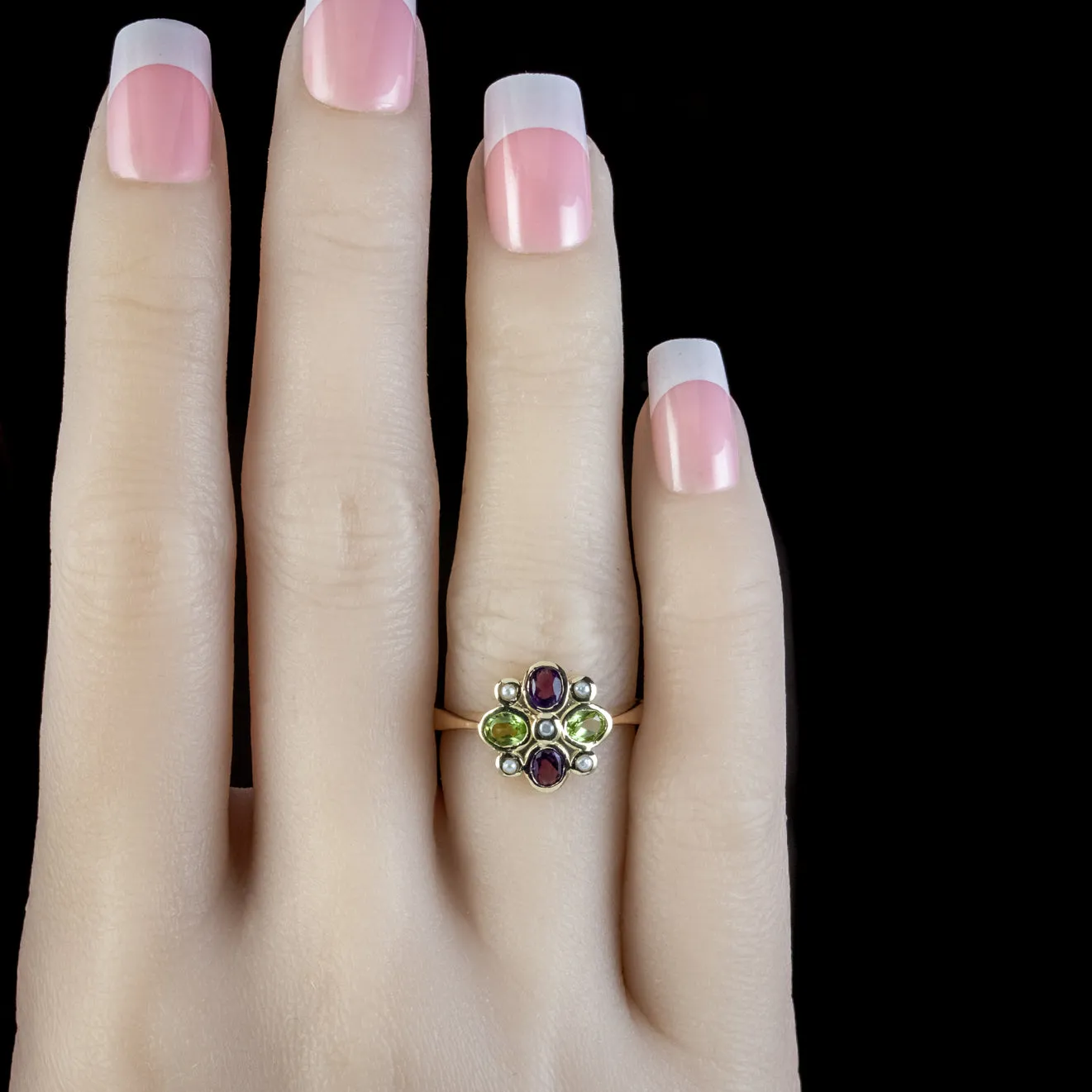 Suffragette Edwardian Style Cluster Ring Amethyst Peridot Pearl