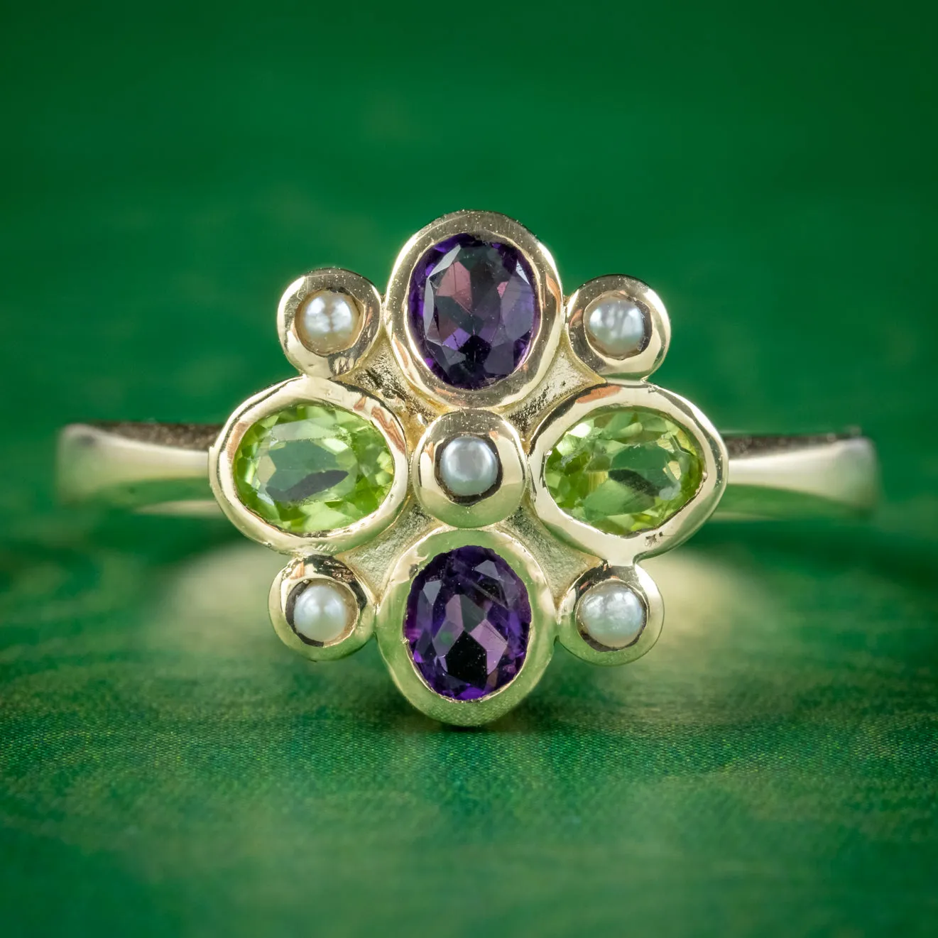 Suffragette Edwardian Style Cluster Ring Amethyst Peridot Pearl