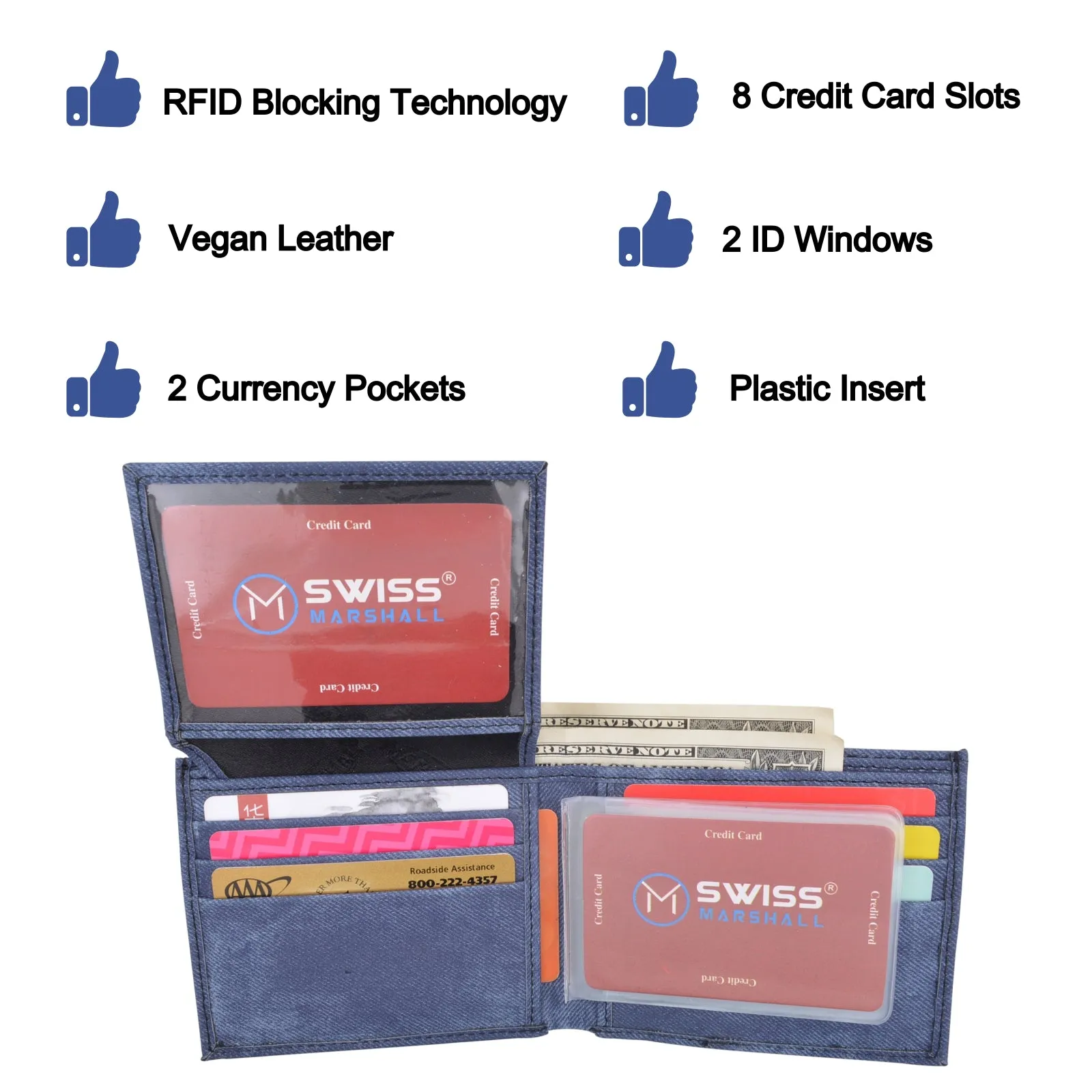 Swiss Marshall RFID Blocking Men's Vegan Leather 2 ID Windows Bifold Wallet