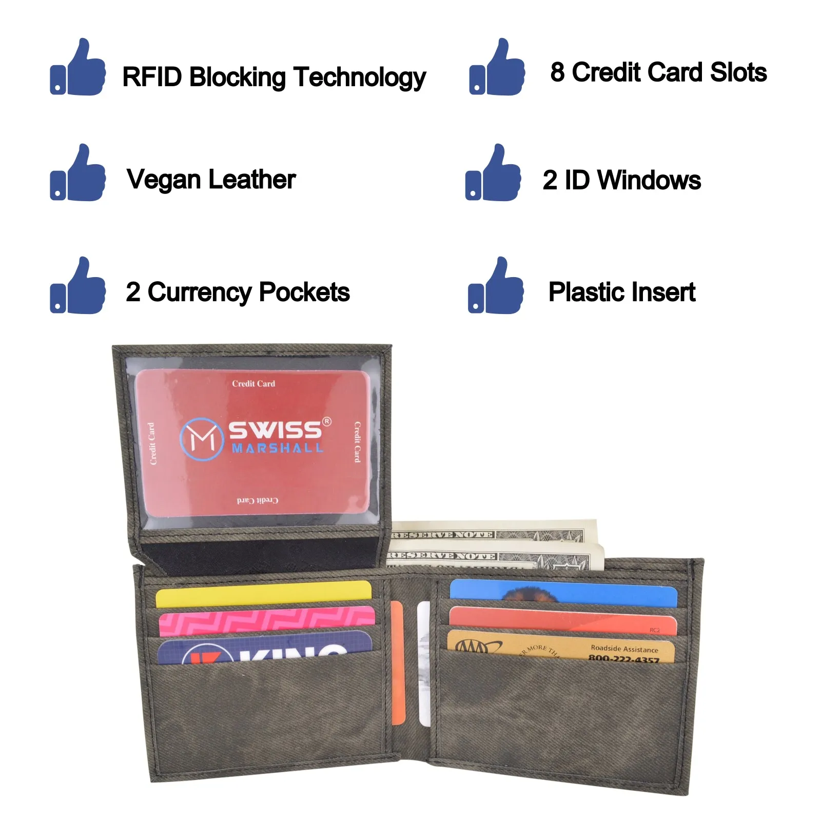 Swiss Marshall RFID Blocking Men's Vegan Leather 2 ID Windows Bifold Wallet