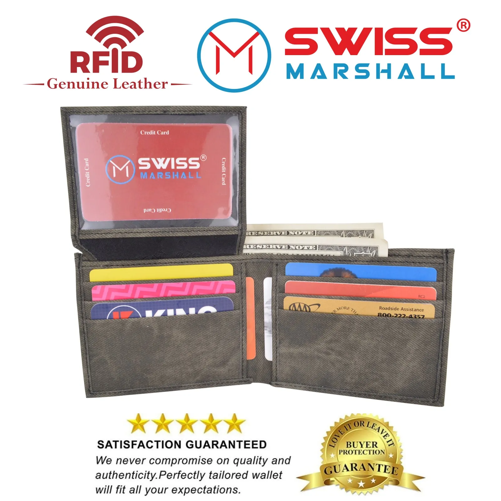 Swiss Marshall RFID Blocking Men's Vegan Leather 2 ID Windows Bifold Wallet