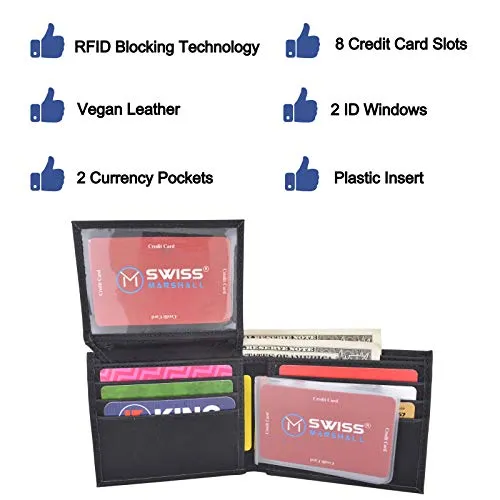 Swiss Marshall RFID Blocking Men's Vegan Leather 2 ID Windows Bifold Wallet