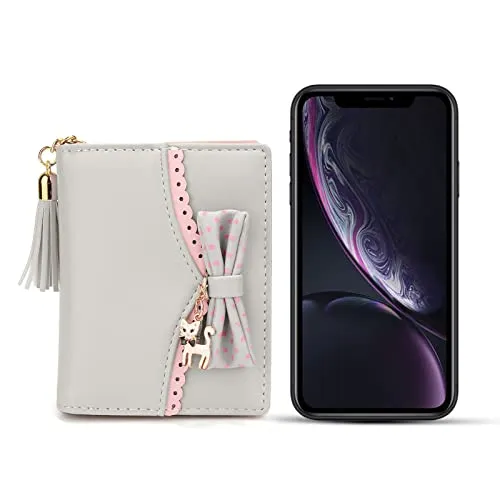 UTO Wallet for Girls PU Leather Cat Pendant Tassel Zipper Card Holder Organizer Women Small Cute Coin Purse Ace Grey