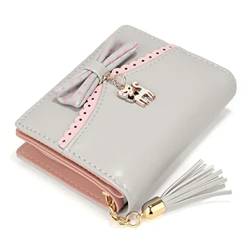 UTO Wallet for Girls PU Leather Cat Pendant Tassel Zipper Card Holder Organizer Women Small Cute Coin Purse Ace Grey