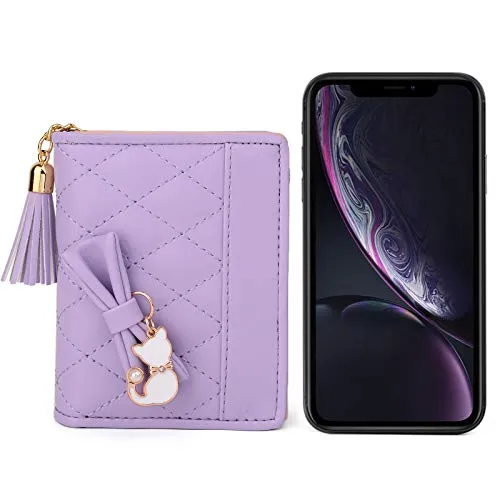 UTO Women PU Leather Small Wallet Cat Pendant Card Phone Holder Zipper Coin Purse Zoey Light Purple