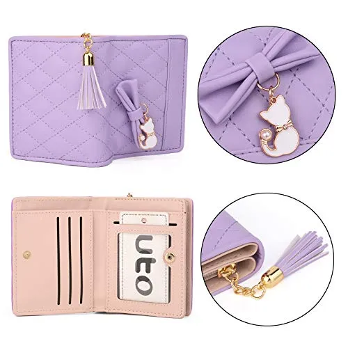 UTO Women PU Leather Small Wallet Cat Pendant Card Phone Holder Zipper Coin Purse Zoey Light Purple