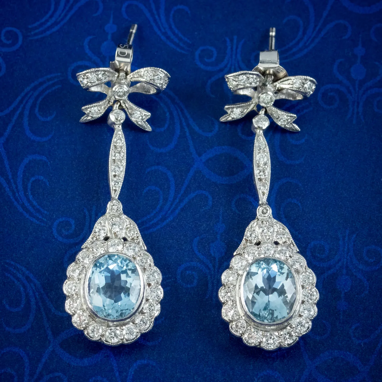 Vintage Aquamarine Diamond Flower Drop Earrings 4ct Of Aqua