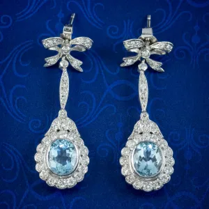 Vintage Aquamarine Diamond Flower Drop Earrings 4ct Of Aqua