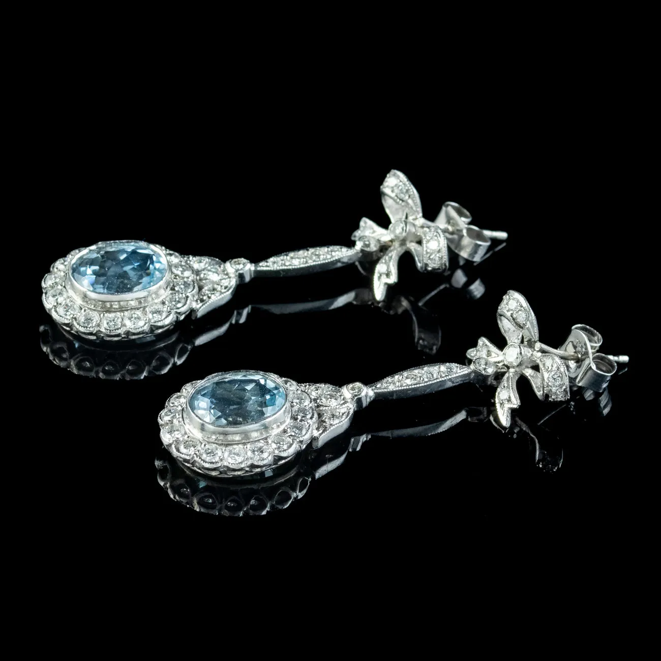 Vintage Aquamarine Diamond Flower Drop Earrings 4ct Of Aqua