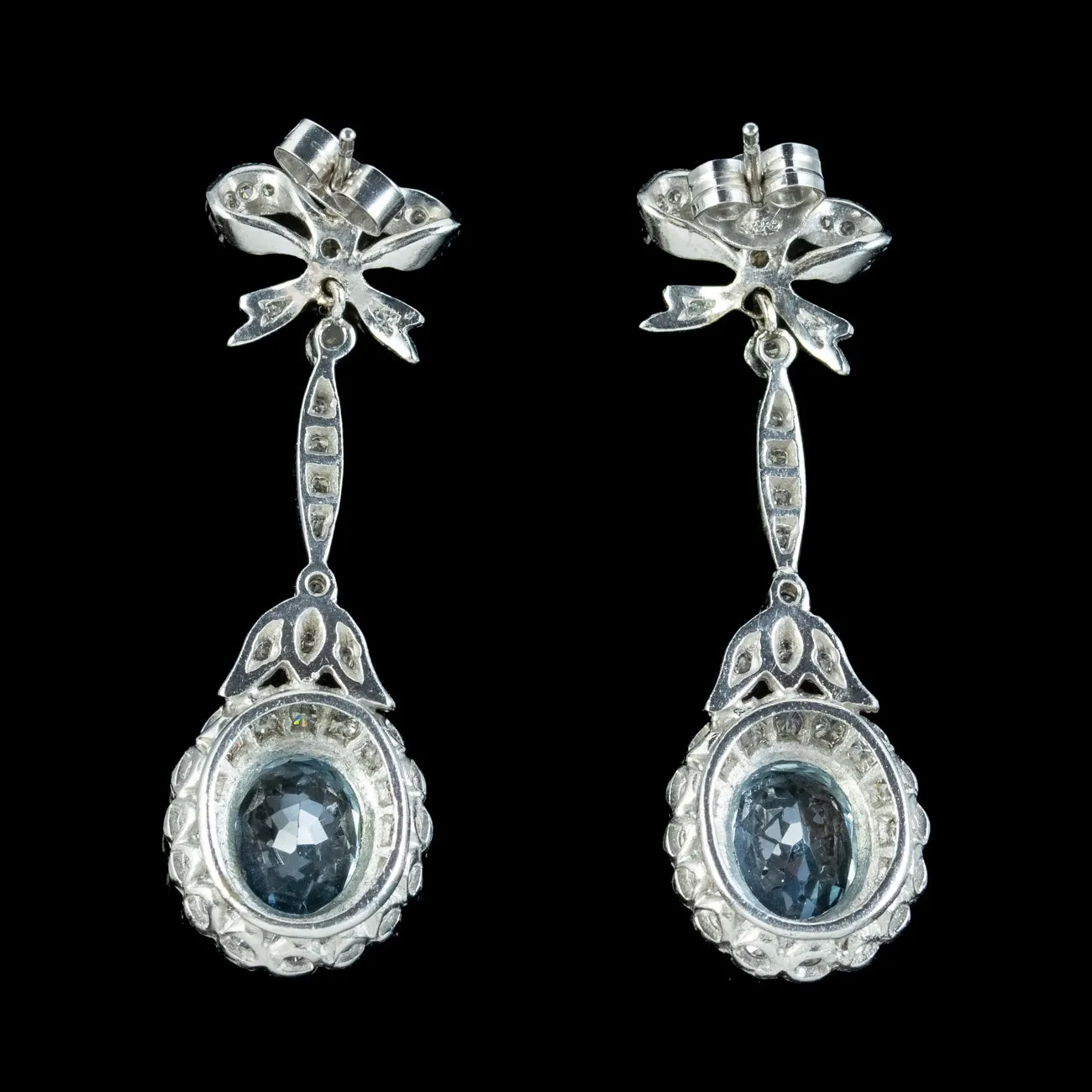 Vintage Aquamarine Diamond Flower Drop Earrings 4ct Of Aqua