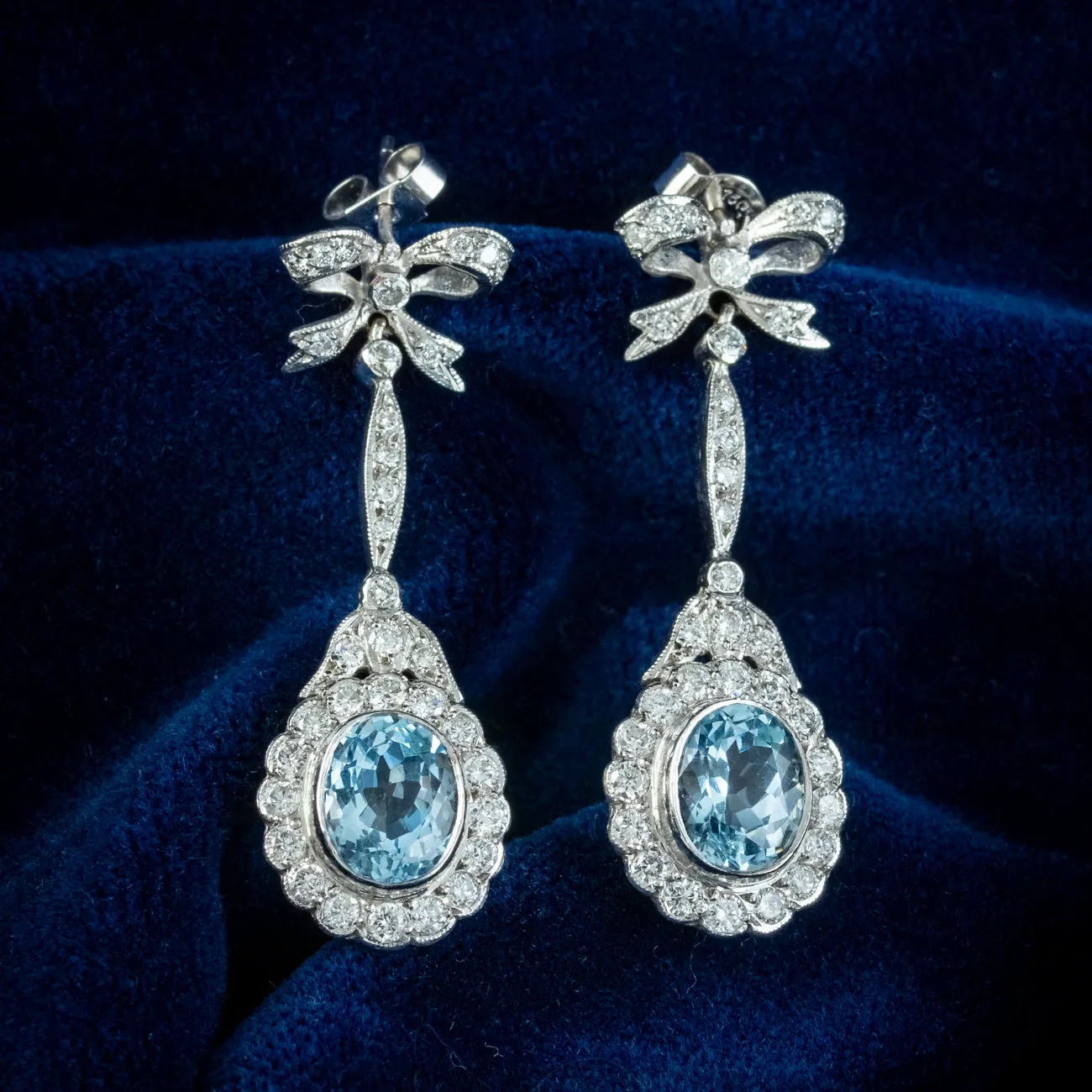 Vintage Aquamarine Diamond Flower Drop Earrings 4ct Of Aqua