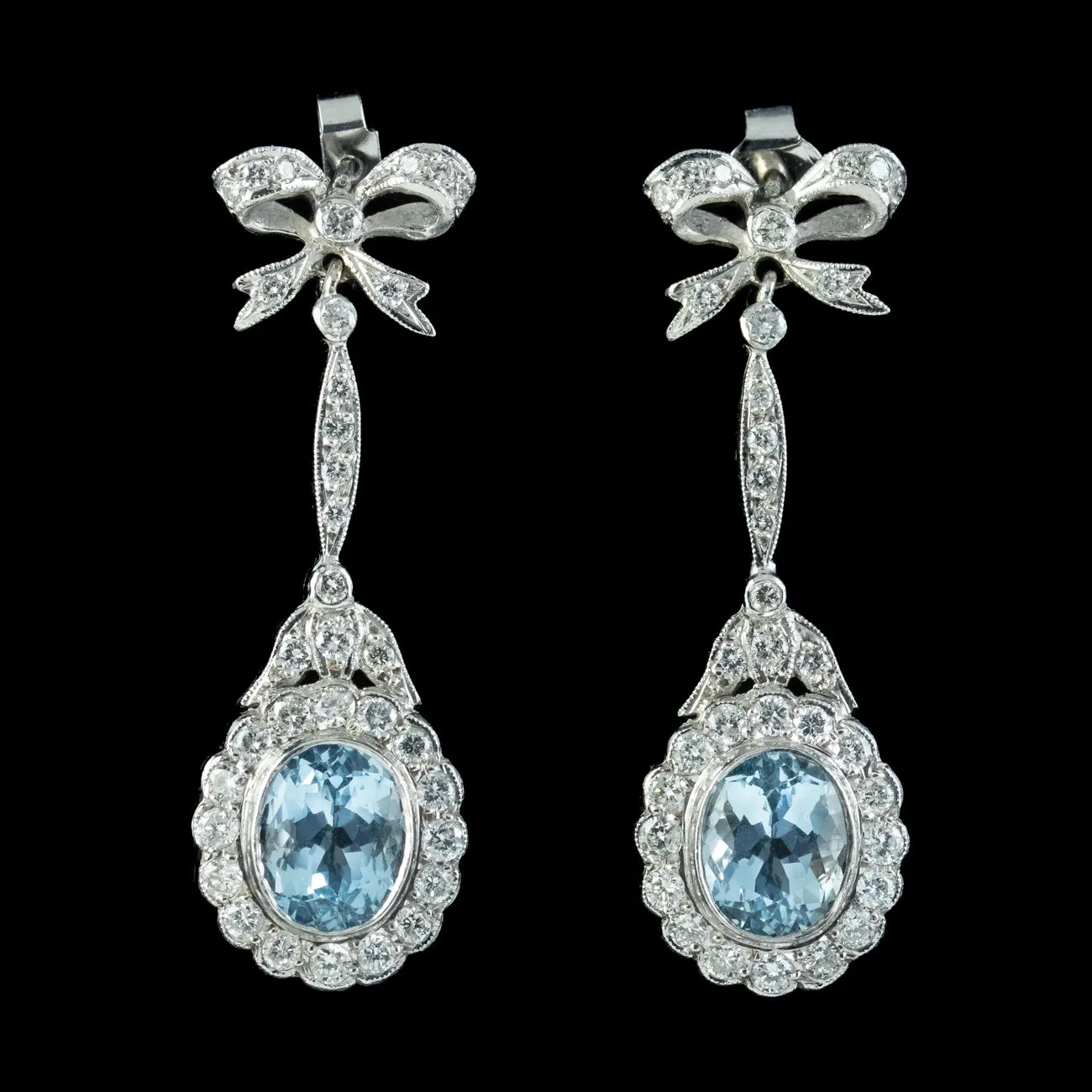 Vintage Aquamarine Diamond Flower Drop Earrings 4ct Of Aqua