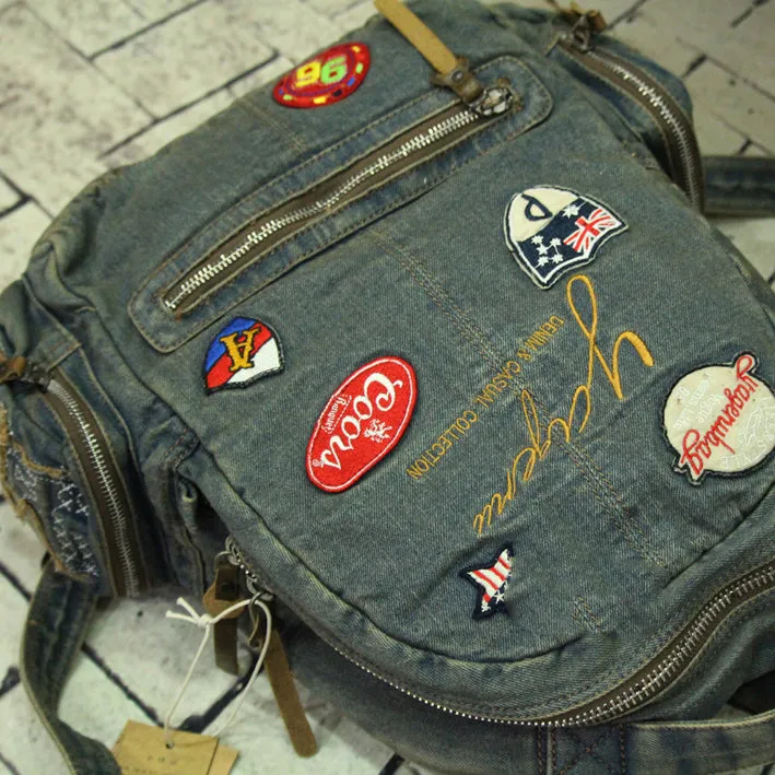 Vintage Blue Denim Womens Backpack Bag School Backpack With Stickers Vintage Denim Backpack For Women