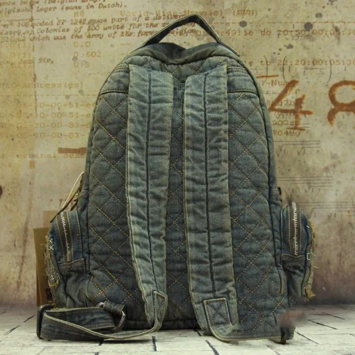 Vintage Blue Denim Womens Backpack Bag School Backpack With Stickers Vintage Denim Backpack For Women