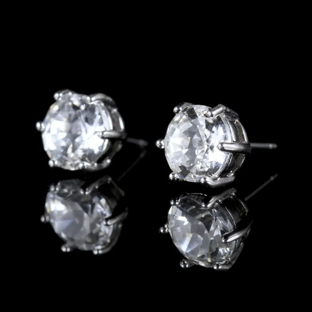 Vintage Paste Stone Solitaire Stud Earrings Platinum Plated